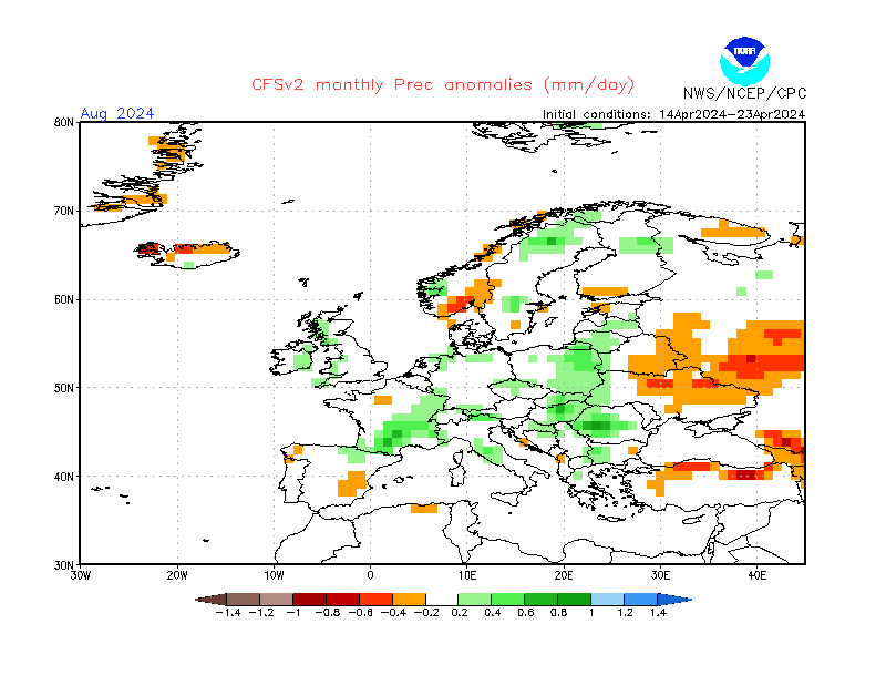 Precipitation anomalies in Europe. Month +4. Ensemble 2.