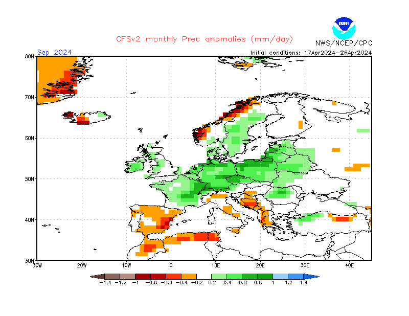 Precipitation anomalies in Europe. Month +5. Ensemble 2.