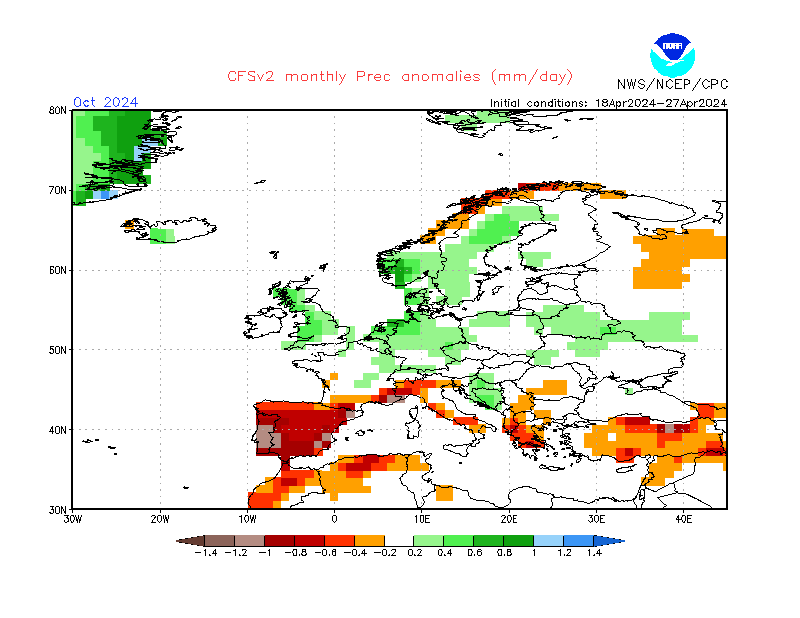 Precipitation anomalies in Europe. Month +6. Ensemble 2.