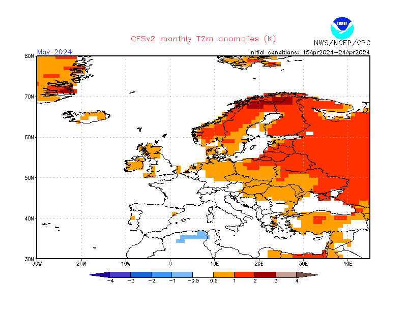2 m temperature anomalies in Europe. Month +1. Ensemble 2.