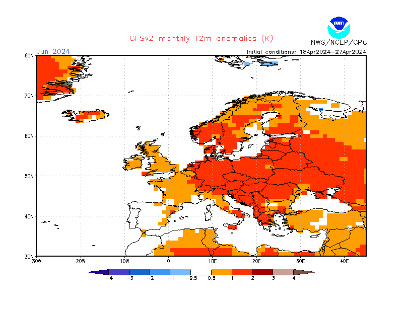2 m temperature anomalies in Europe. Month +2. Ensemble 2.