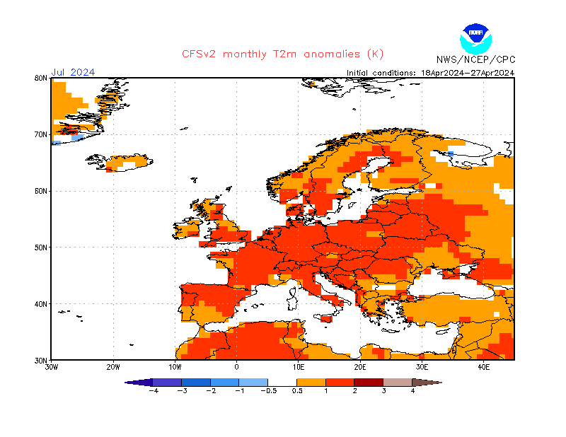 2 m temperature anomalies in Europe. Month +3. Ensemble 2.