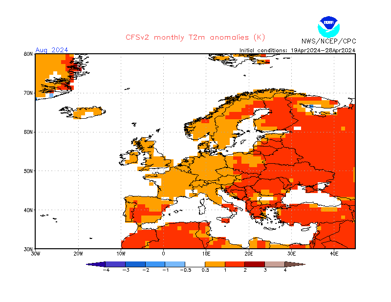 2 m temperature anomalies in Europe. Month +4. Ensemble 2.