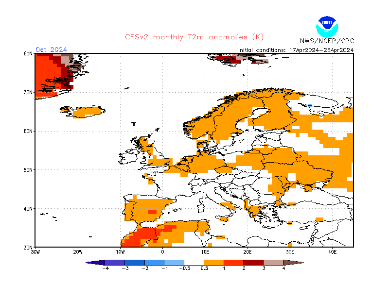 2 m temperature anomalies in Europe. Month +6. Ensemble 2.