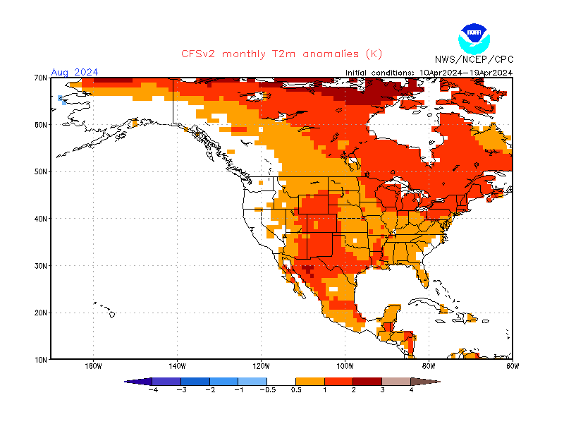 2 m temperature anomalies in North-America. Month +4. Ensemble 2.