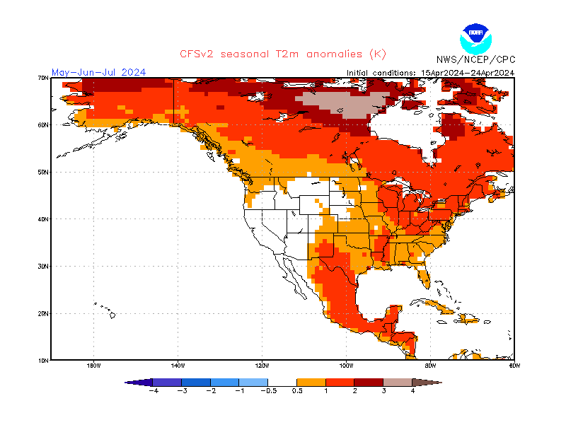 2 m temperature anomalies in North-America. 3-Months +1. Ensemble 2.