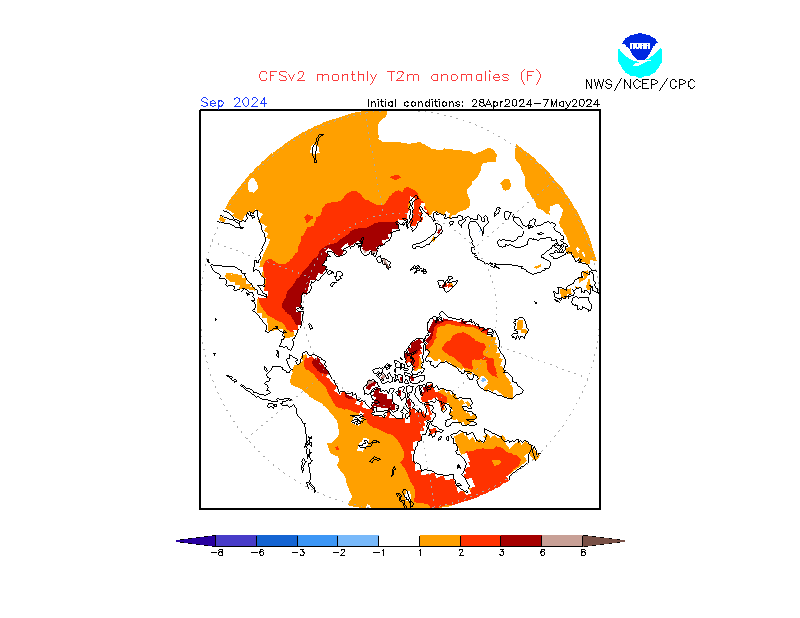 2 m temperature anomalies in Arctic. Month +5. Ensemble 3.