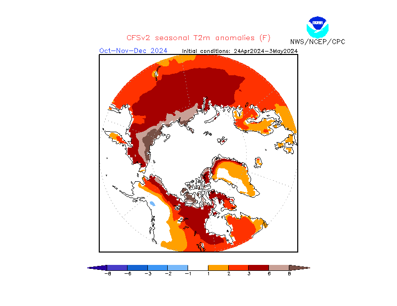 2 m temperature anomalies in Arctic. 3-Months +6. Ensemble 3.