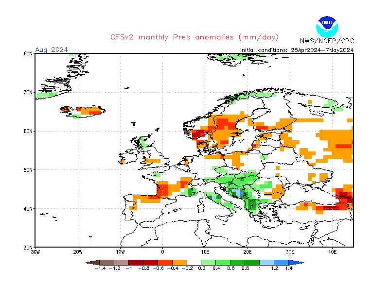 Precipitation anomalies in Europe. Month +4. Ensemble 3.