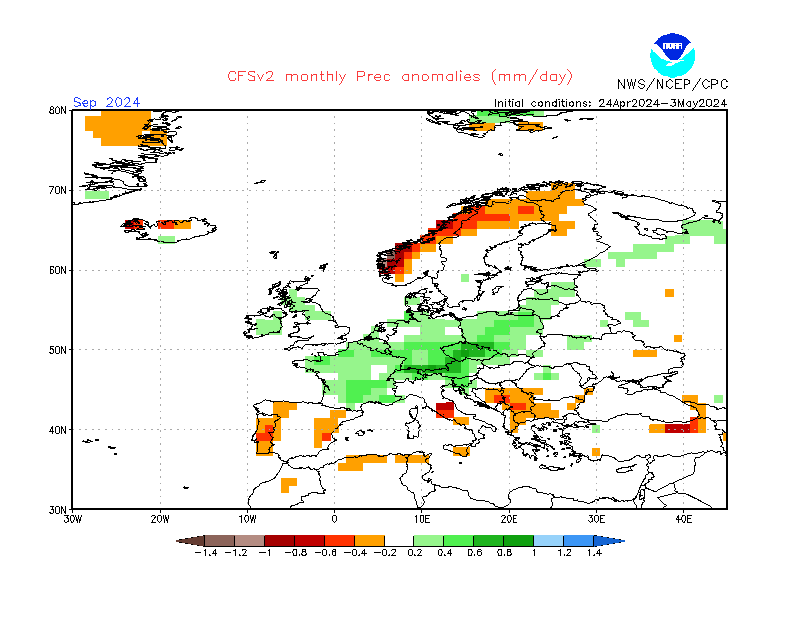 Precipitation anomalies in Europe. Month +5. Ensemble 3.