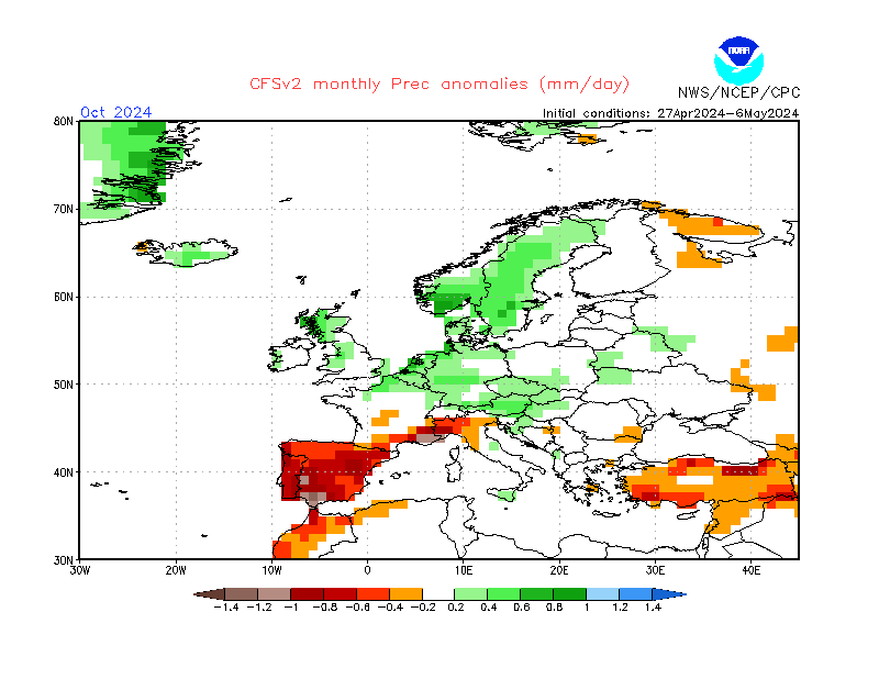 Precipitation anomalies in Europe. Month +6. Ensemble 3.