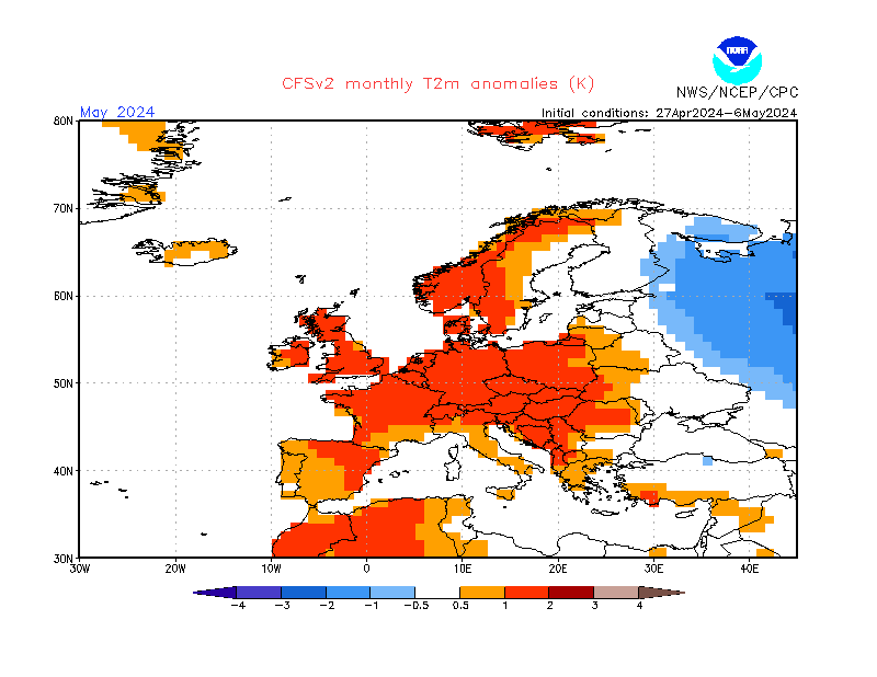2 m temperature anomalies in Europe. Month +1. Ensemble 3.
