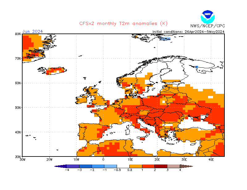 2 m temperature anomalies in Europe. Month +2. Ensemble 3.