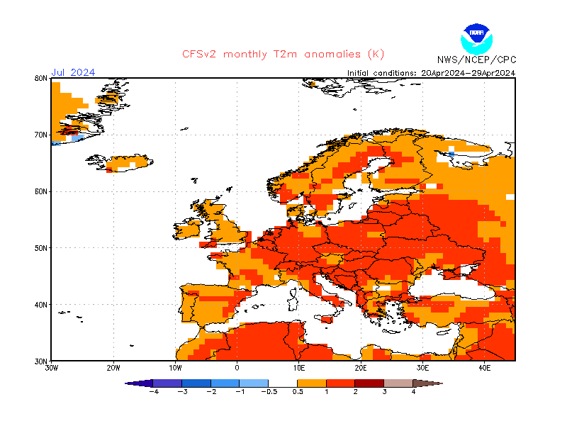 2 m temperature anomalies in Europe. Month +3. Ensemble 3.