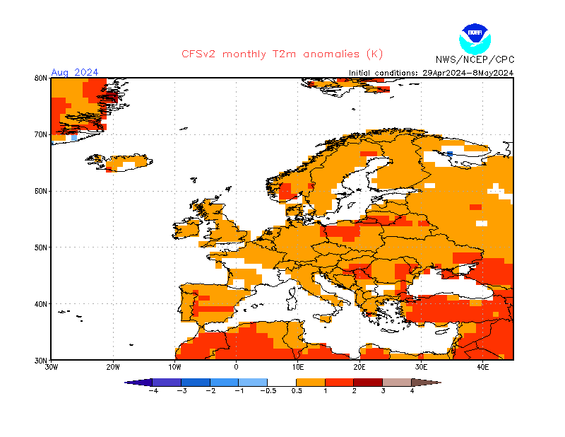 2 m temperature anomalies in Europe. Month +4. Ensemble 3.