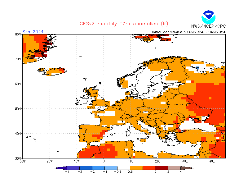 2 m temperature anomalies in Europe. Month +5. Ensemble 3.