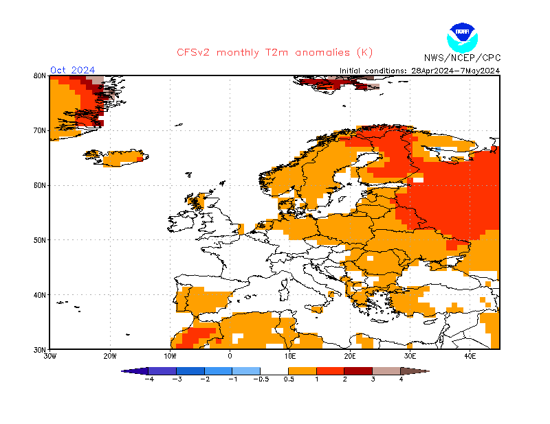 2 m temperature anomalies in Europe. Month +6. Ensemble 3.