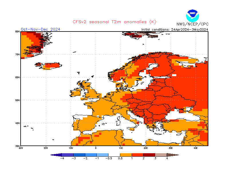 2 m temperature anomalies in Europe. 3-Months +6. Ensemble 3.