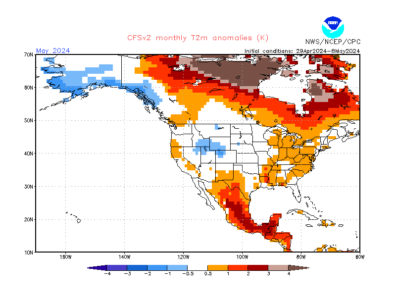 2 m temperature anomalies in North-America. Month +1. Ensemble 3.