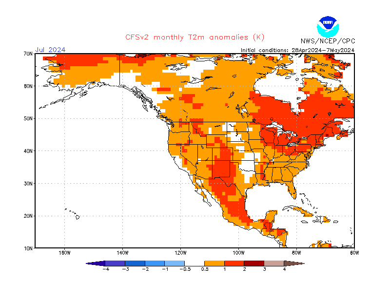 2 m temperature anomalies in North-America. Month +3. Ensemble 3.