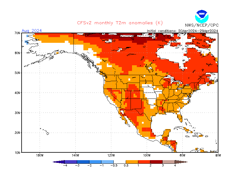 2 m temperature anomalies in North-America. Month +4. Ensemble 3.