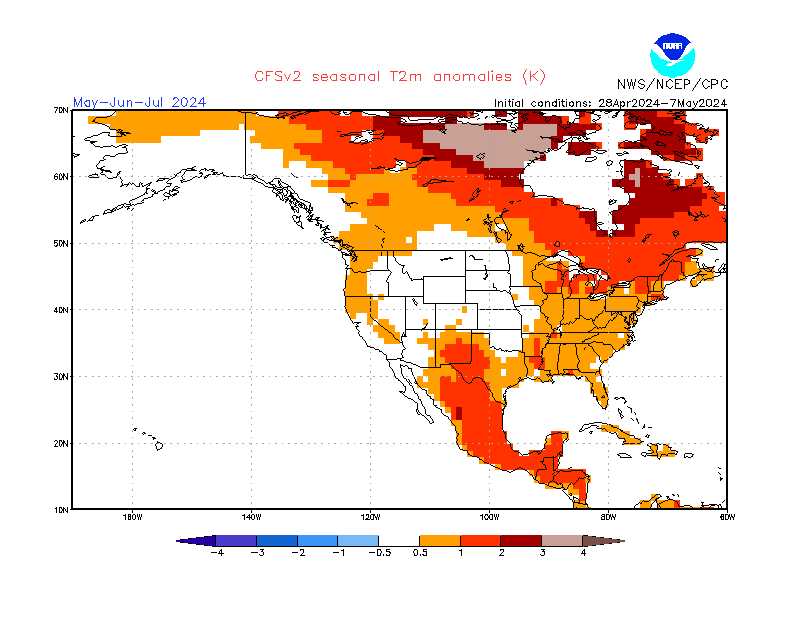 2 m temperature anomalies in North-America. 3-Months +1. Ensemble 3.
