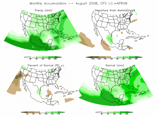 CFS Model Precipitation (mm) for AUG08 - IC APR 2008