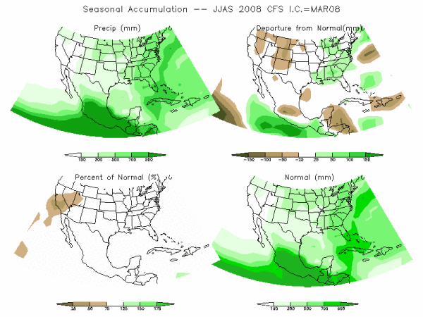 CFS Model Precipitation (mm) for JJAS08 - IC MAR 2008