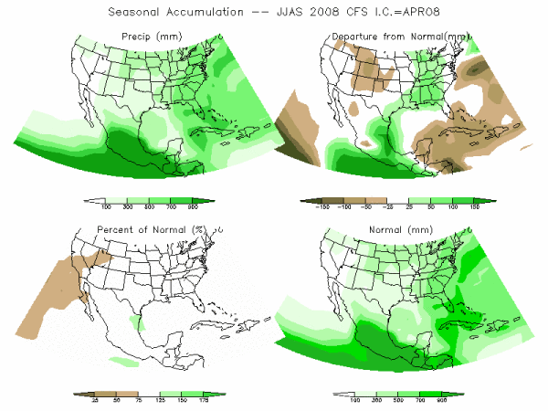 CFS Model Precipitation (mm) for JJAS08 - IC APR 2008