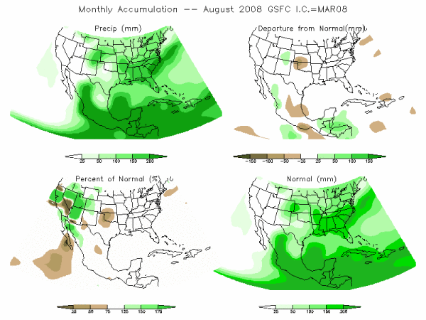 NASA Model Precipitation (mm) for AUG08 - IC MAR 2008