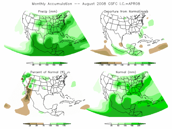 NASA Model Precipitation (mm) for AUG08 - IC APR 2008