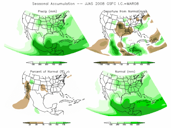 NASA Model Precipitation (mm) for JJAS08 - IC MAR 2008