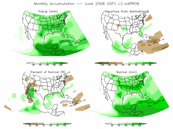 NASA Model Precipitation (mm) for JUN08 - IC APR 2008