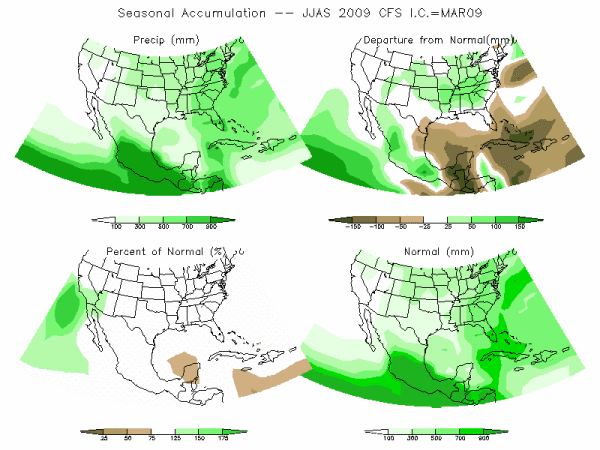 CFS Model Precipitation (mm) for JJAS09 - IC MAR 2009