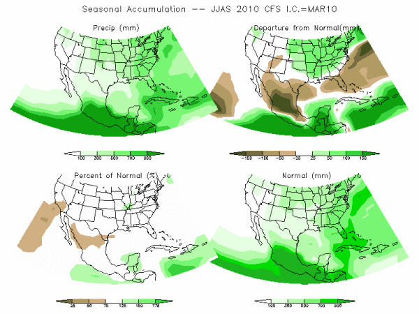 CFS Model Precipitation (mm) for JJAS10 - IC MAR 2010