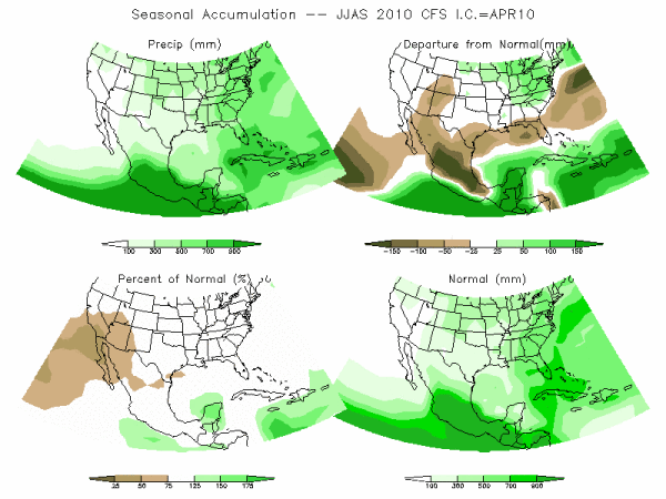 CFS Model Precipitation (mm) for JJAS10 - IC APR 2010