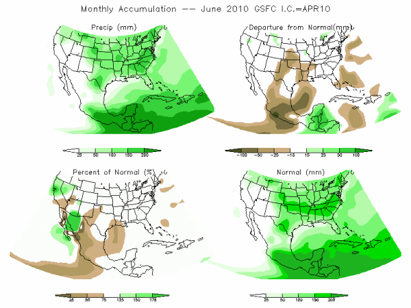 NASA Model Precipitation (mm) for JUN10 - IC APR 2010