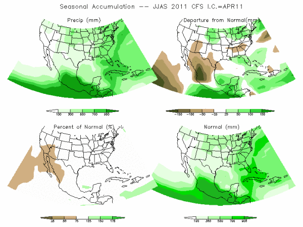 CFS Model Precipitation (mm) for JJAS11 - IC APR 2011