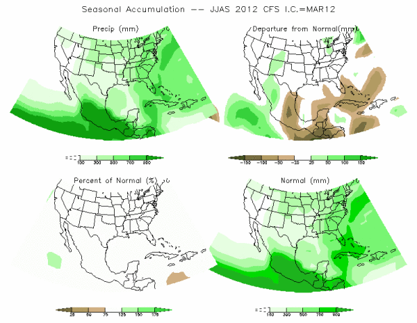 CFS Model Precipitation (mm) for JJAS12 - IC MAR 2012