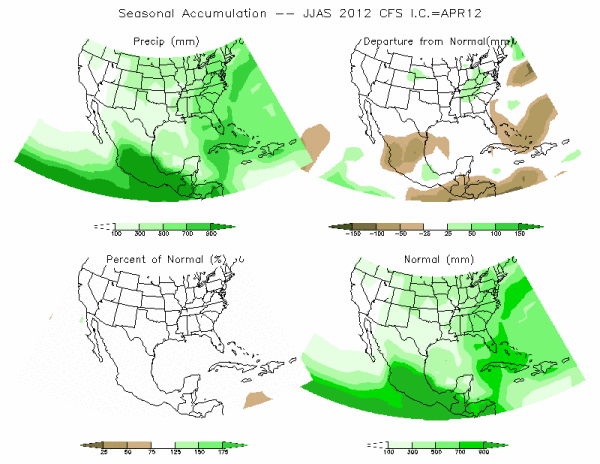 CFS Model Precipitation (mm) for JJAS12 - IC APR 2012