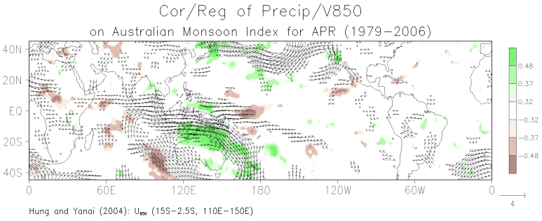 April correlation between grid-point precipitation and the Australian monsoon index and the regression of grid-point 850-mb winds on the monsoon index