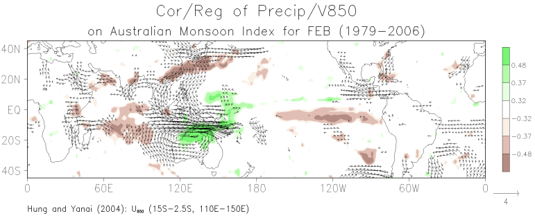 February correlation between grid-point precipitation and the Australian monsoon index and the regression of grid-point 850-mb winds on the monsoon index