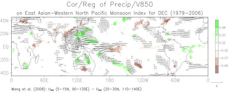 December patterns of the correlation between grid-point precipitation and the East Asian � Western North Pacific monsoon index and the regression of grid-point 850-mb winds on the monsoon index