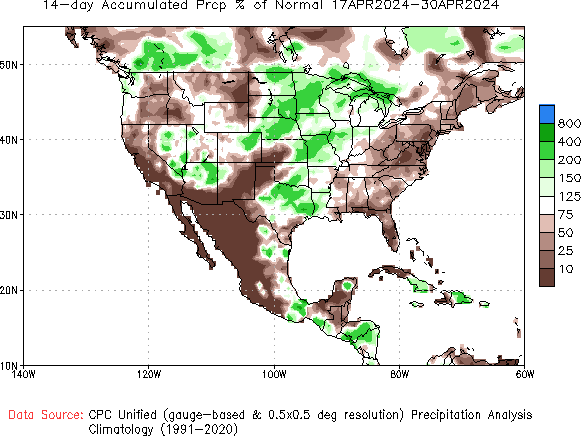 14-Day % of Normal Precipitation