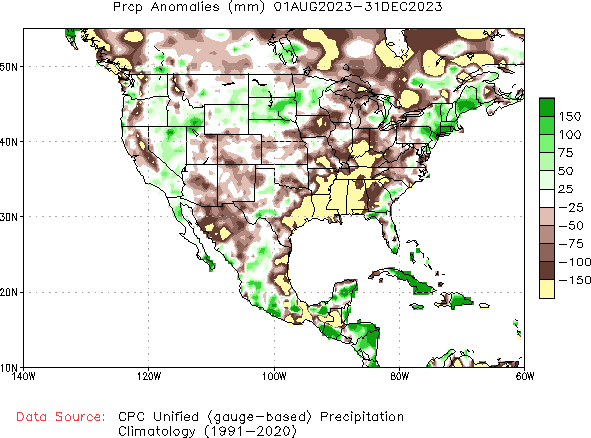 August to current Precipitation Anomaly (millimeters)