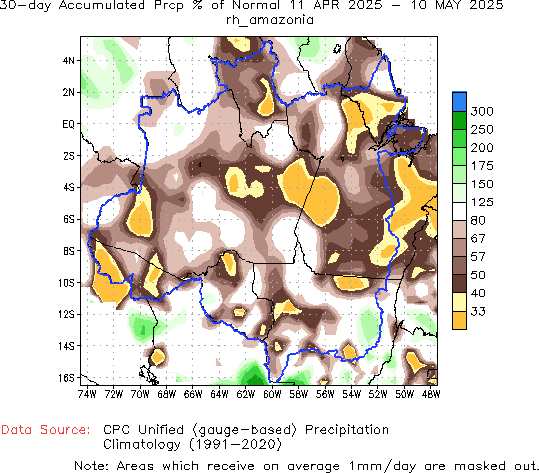 30-Day Percent of Normal Precipitation (%)