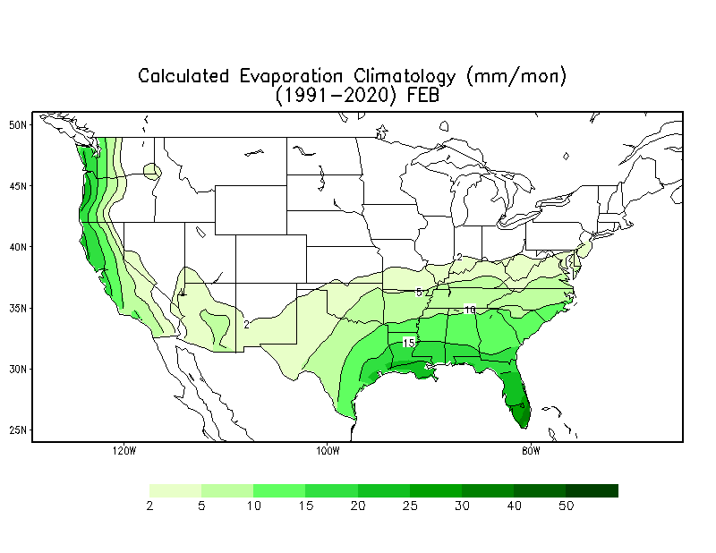 FEBRUARY Evaporation Climatology (mm)