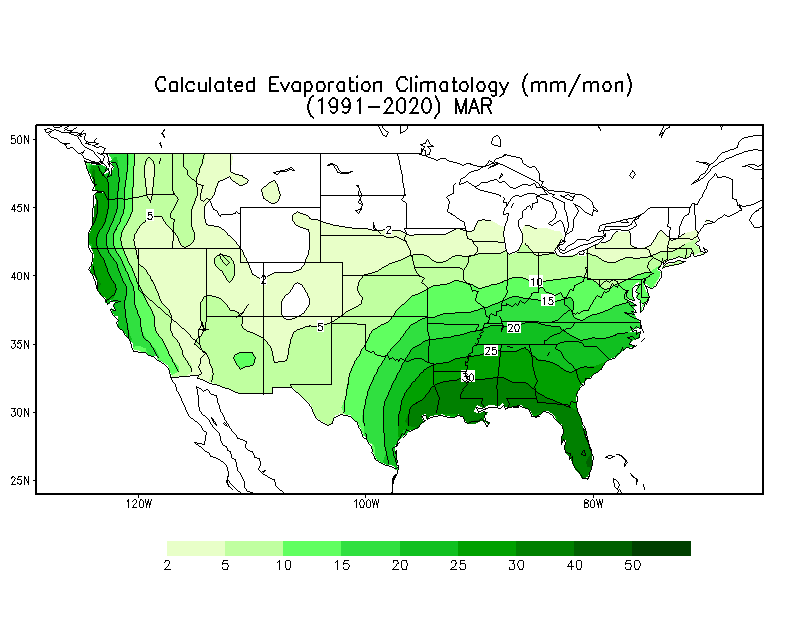 MARCH Evaporation Climatology (mm)