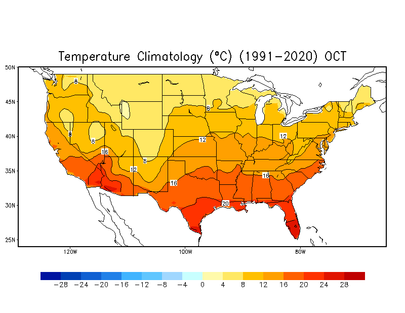 OCTOBER Temperature Climatology (C)