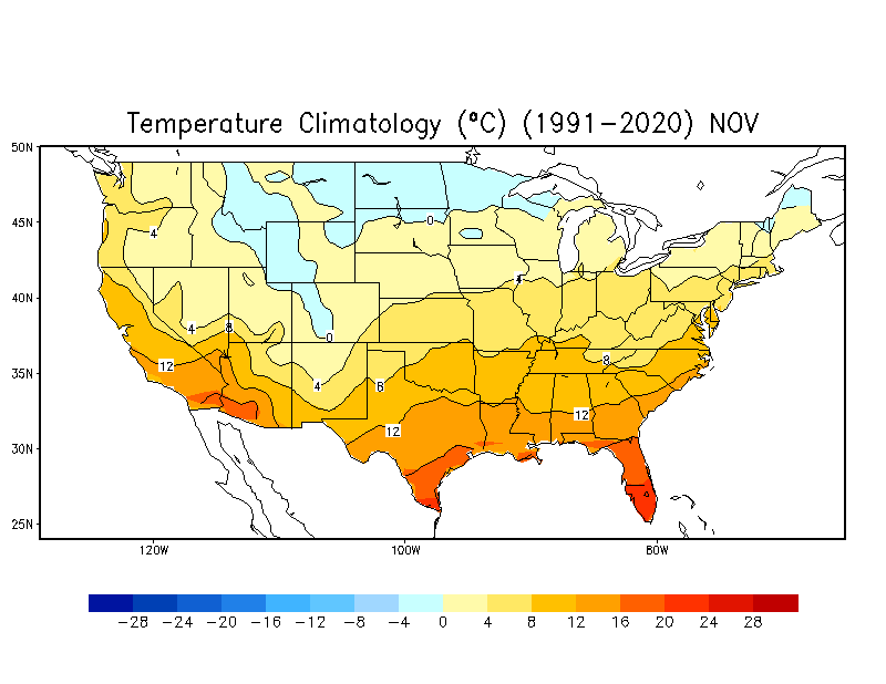 NOVEMBER Temperature Climatology (C)